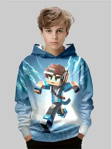 Minecraft Lightning Pixel Character Kids Hoodie, Blue Tech Style, Game Culture Fusion, Casual Fitted Long Sleeve Top