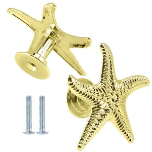 2 Pack Gold Starfish Cabinet Knobs – Decorative Coastal Drawer Pulls with Mounting Screws, Nautical Starfish-Shaped Knobs for Kitchen Cabinets, Bathroom Vanities, Dressers, Wardrobes and Home Improvement Projects