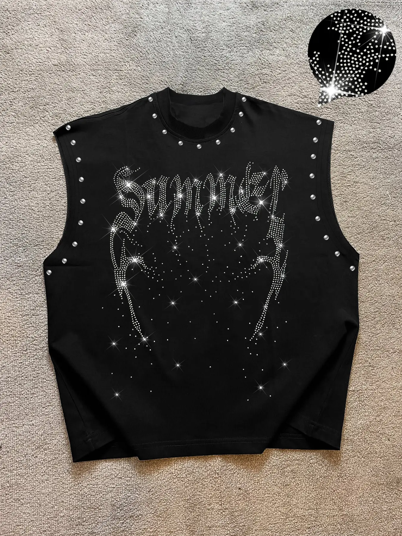 Men's Casual Graphic Vest Crewneck Sleeveless Tops with Rhinestone Font & Outline, Fitted Long Sleeve, Skin-Friendly Fabric, Fashionable All-Season Wear, Casual Summer Clothing, Menswear, Vibe