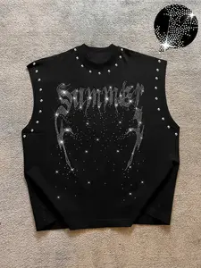 Men's Casual Vest with Rhinestone Letters and Abstract Contour Print, Comfortable Regular Fit, Fashion Versatile, Street Style