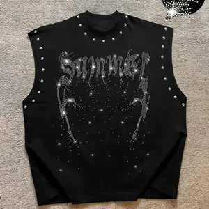 Men's Casual Vest with Rhinestone Letters and Abstract Contour Print, Comfortable Regular Fit, Fashion Versatile, Street Style