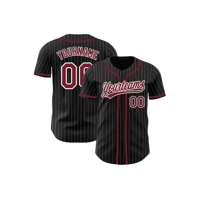 Personalized Team Baseball Jersey Shirt, Custom Black White Pinstripe Crimson Baseball Jersey, Custom Number Baseball Team