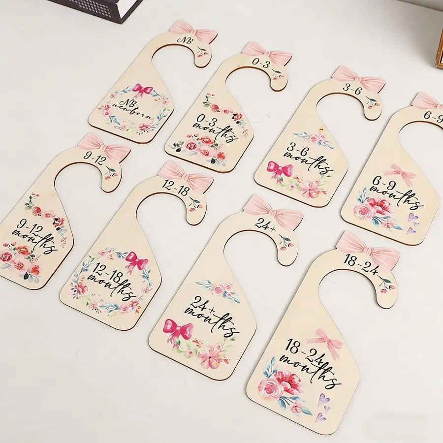 8-Piece Wooden Baby Wardrobe Organizing Divider Set, Colorful Double-Sided Printed Milestone Monthly Clothing Dividers for Children, Organiser