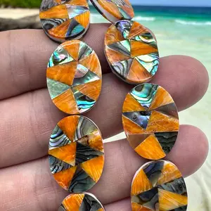 Spiny Oyster & Abalone Shell Beads - Oval 15X20mm - Native American Style - Double-Sided Reversible (Handcrafted Triangular-Mosaic Inlay Artistry with Meticulous Workmanship) DIY Jewelry Making