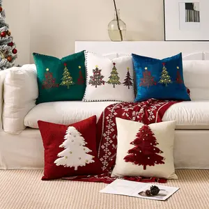 Christmas Tree Embroidered Throw Pillow Covers, Velvet Cushion Cases in Multiple Colors (Green/Blue/White/Red/Gray), Festive Home Decor for Sofa, Couch, Bedroom, Ideal Christmas Gift