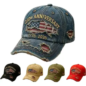 Denim Patriotic American Flag Baseball Cap - USA 250th Anniversary (1776-2026) Independence Day Distressed Vintage Hat for 4th of July Parties, Parades, Daily Wear