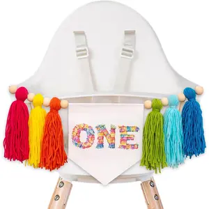 Colorful 1st Birthday High Chair Banner - Fiesta Party Decoration, Handmade Rainbow Rag Garland, Cake Smash Birthday Decoration