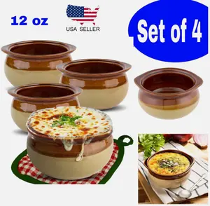 Set of 4 French Onion Soup Crocks 12 oz Brown & Ivory Ceramic Porcelain Bowls