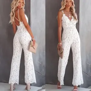 Ladies Elegant Jumpsuits Spaghetti Straps V-Neck Solid Lace Backless Sexy Jumpsuit For Women Simple White Slim Office Rompers