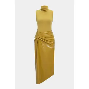Faux Leather Patchwork High Neck Pleated Sleeveless Maxi Dress