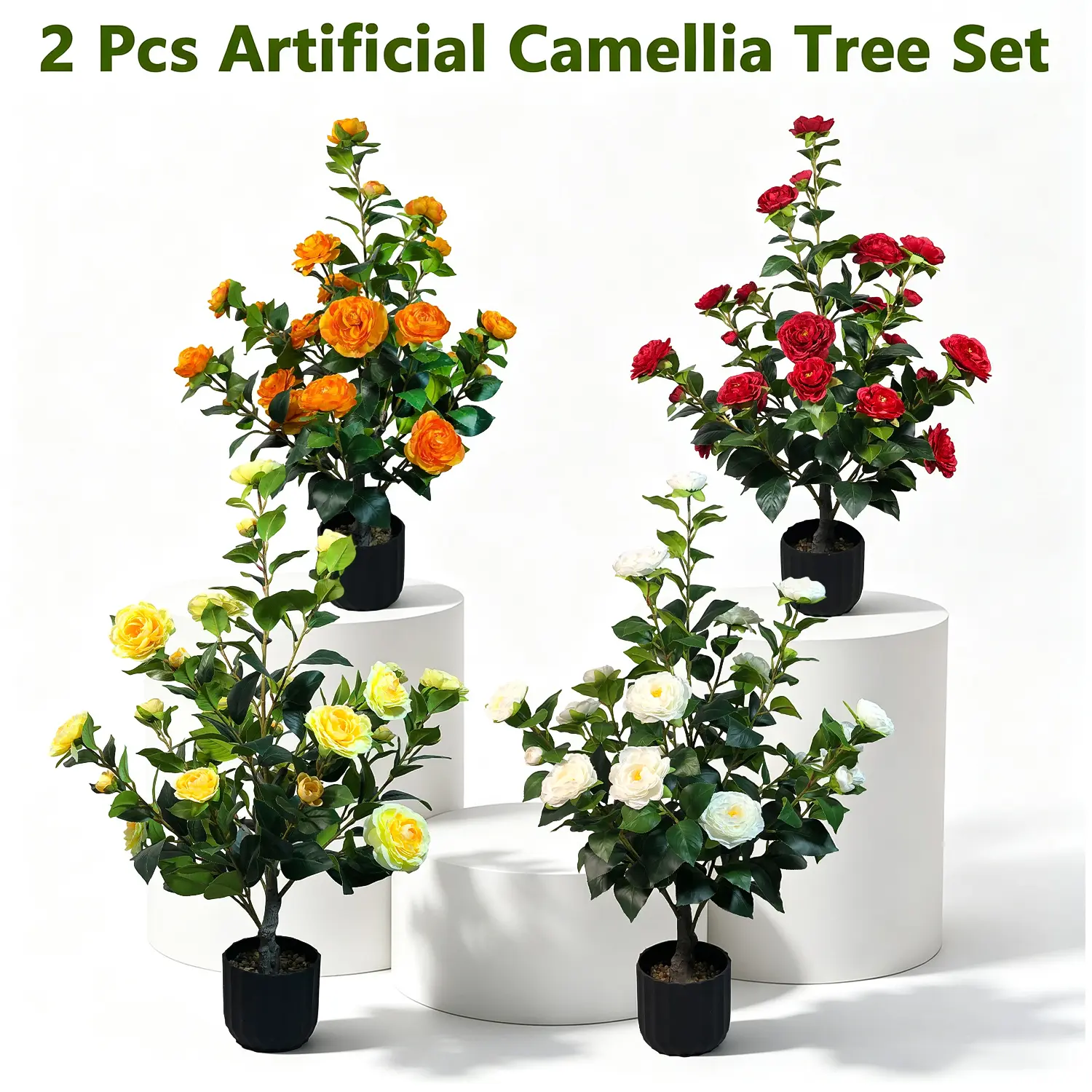 2 pcs Artificial Camellia Tree Set, Realistic Faux Camellia Plant in Pot with White Flowers, UV Resistant No-Fade Fake Floral Tree, Low Maintenance No Water No Prune, Indoor Spring Home Decor Outdoor Front Porch Front Door Landscape Decoration
