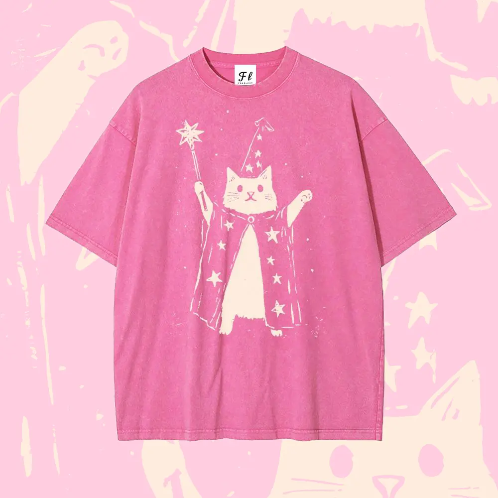 Wizard Cat with Star Wand Vintage S~5XL Oversize Unisex Washed T-Shirt for Women and Men's Unisex Fit Batik Cotton Oversize Streetwear Menswear  Super Soft Pre-Shrunk
