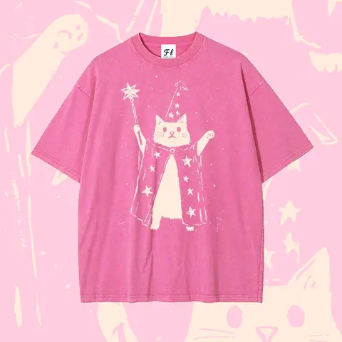 Men's Vintage Retro Wizard Cat Star Wand Graphic T-Shirt - Short-Sleeve Round Neck Menswear Top, Oversized Unisex Fit, S-5XL Plus Size, Washed Batik Stretch Cotton Fabric, Super Soft Pre-Shrunk Streetwear Fashion