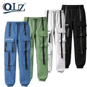 4PCS-Men's casual drawstring cuffed pants with multi-pocket and belt design.Loose trendy workwear style, soft and comfortable.Versatile long trousers suitable for daily wear and outdoor activities.