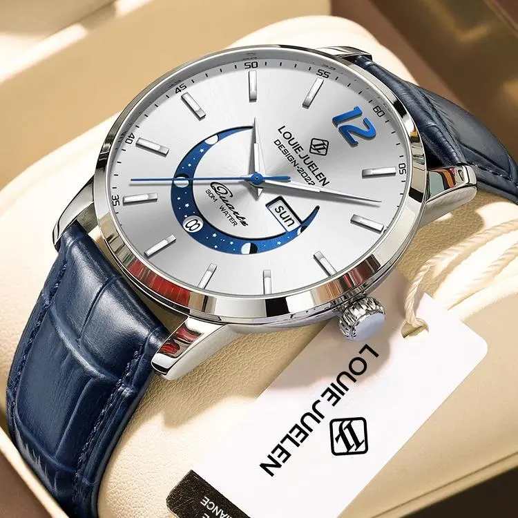 Luxury Elegant Men's Watch: Moon Motif Design, Genuine Leather Strap, 30m Water Resistance, Luminous Dial | Casual & Stylish | Classic Timepiece