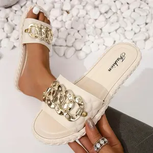 Women's Casual Quilted Slide Sandals with Metallic Chain Decor - PVC Upper, Rubber Sole, Flat Heel, Round Toe, Perfect for Spring and Summer, Summer Slippers | Round Toe Sandals | Faux Cover Insole, Strappy Sandals