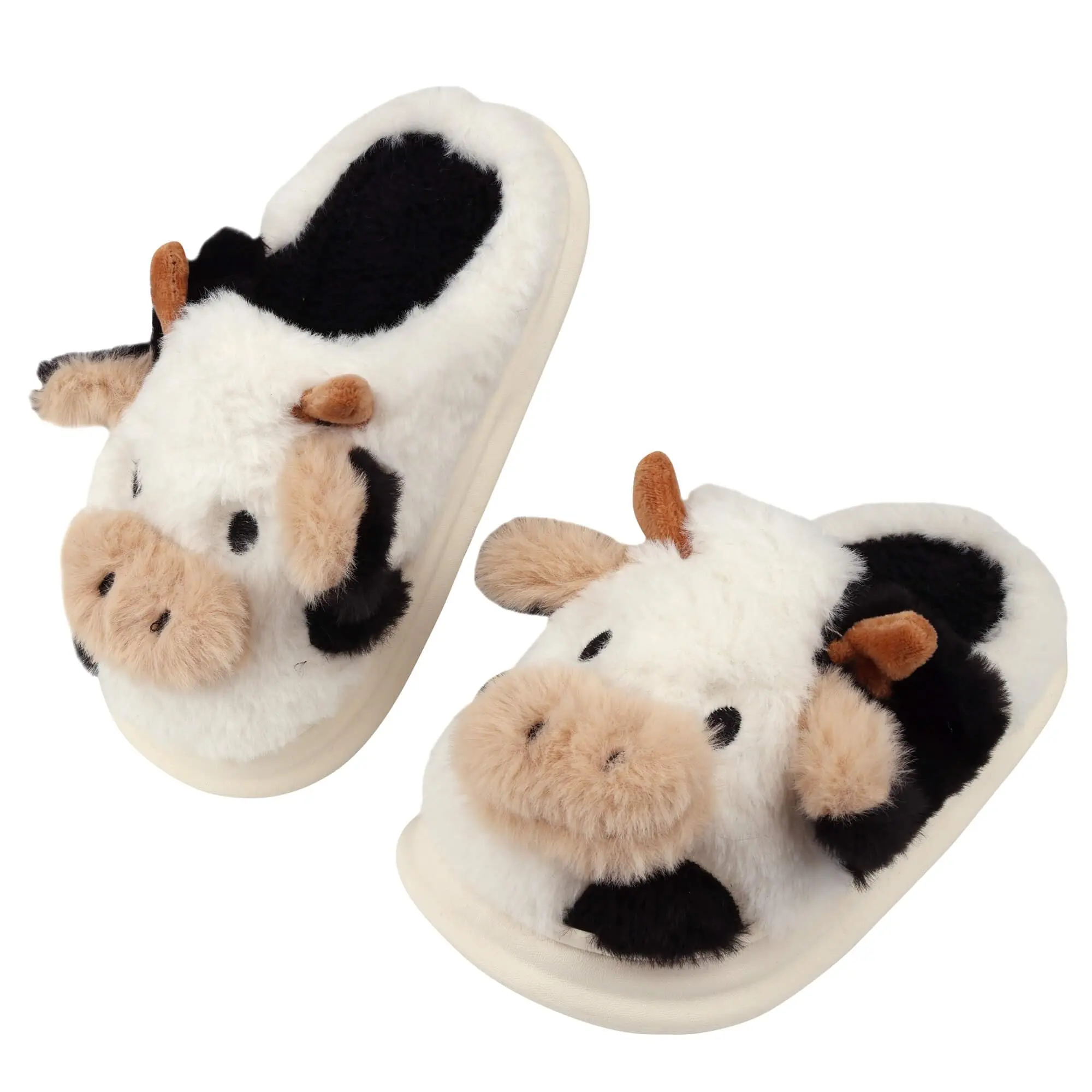 DIOLV New Men' Cow Shoes Slippers Winter Plush Smiling Face Cotton Slippers Parent Child Cotton Slippers Fur Lined Clogs Brown