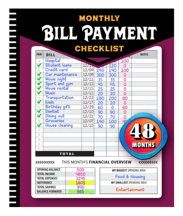 Monthly Bill Payment Checklist: Bill Tracker Notebook, The 4-Year Guide for Families & Money Managers, 960 Billing Records Included! Paperback