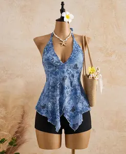 ICON Women's Vacation Bohemian Style Floral & Butterfly Print Halter Neck Camisole Blue Floral Top Blue Summer Top Butterfly Print Top Blue Halter Top Women Bandana Top,Off The Shoulder Top
