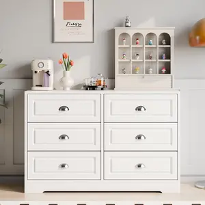 Walsunny Farmhouse Dresser for Bedroom with 6 Drawers, Farmhouse Wood Storage Cabinet Clothes Organizer Furniture for Living Room, Entryway, White Pantry