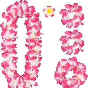 5PCS Hawaiian Leis Necklace Tropical Flower Lei Floral Luau Party Decorations Hawaiian Flower Luau Necklaces Hula Dance Garland Headbands for Beach Birthday Wedding Party (Pink)