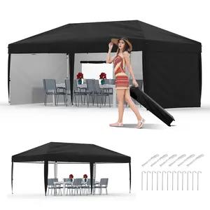 【GARVEE】10x20 Pop Up Canopy with 4 Sidewalls - Heavy Duty Outdoor Canopy Tent with Portable Roller Bag - 3 Adjustable Height, 4 Weight Bags, 8 Stakes & 6 Guy Ropes Included, Black