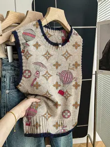 Spring Summer Casual Loose Round Neck Sleeveless Knit Top, Deep Blue Contrast Geometry Print, Women's Outerwear, Pair with Vest, Soft Knit Vest