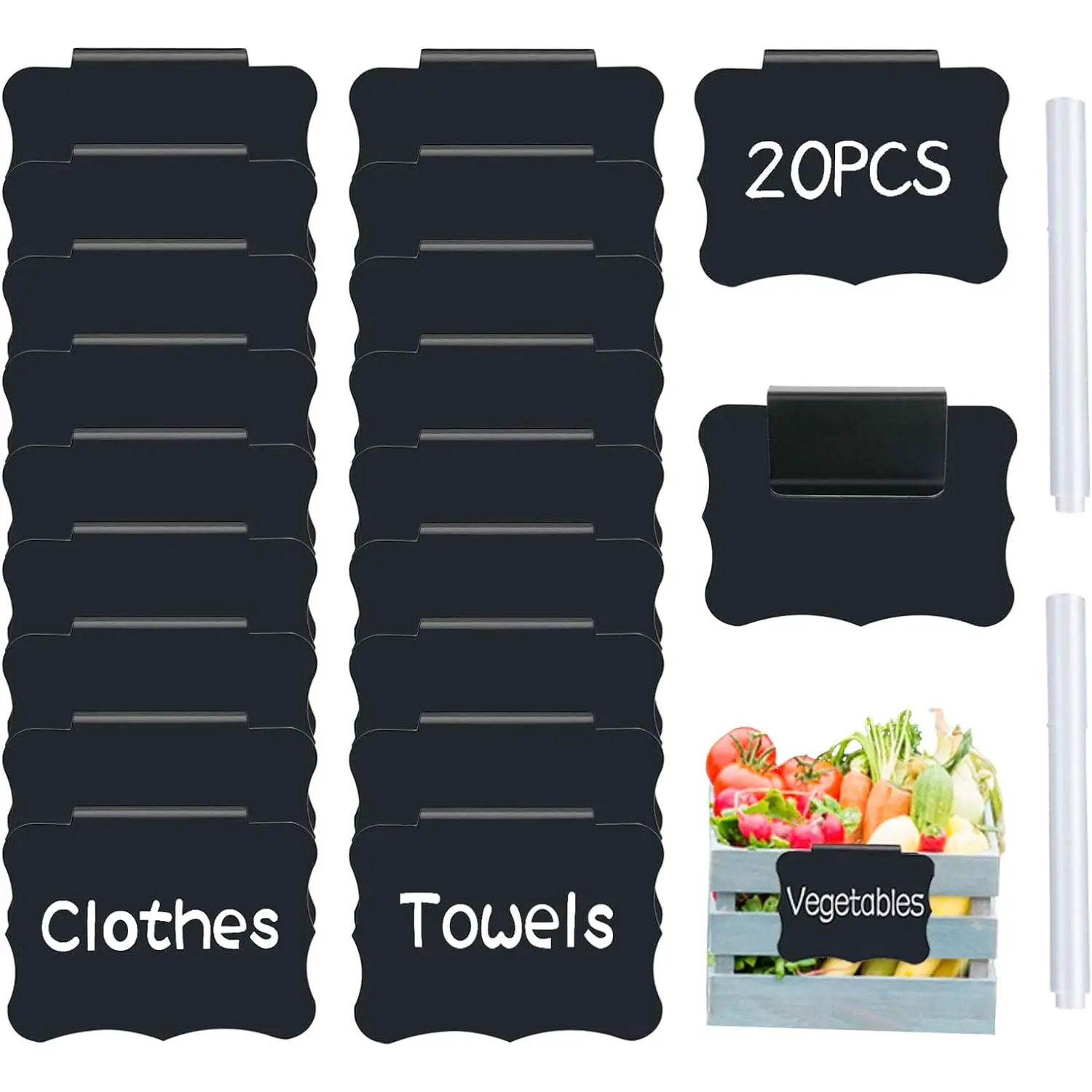 Storage Bin Labels - Clip On Closet & Basket Holder with 2 White Chalk Labels