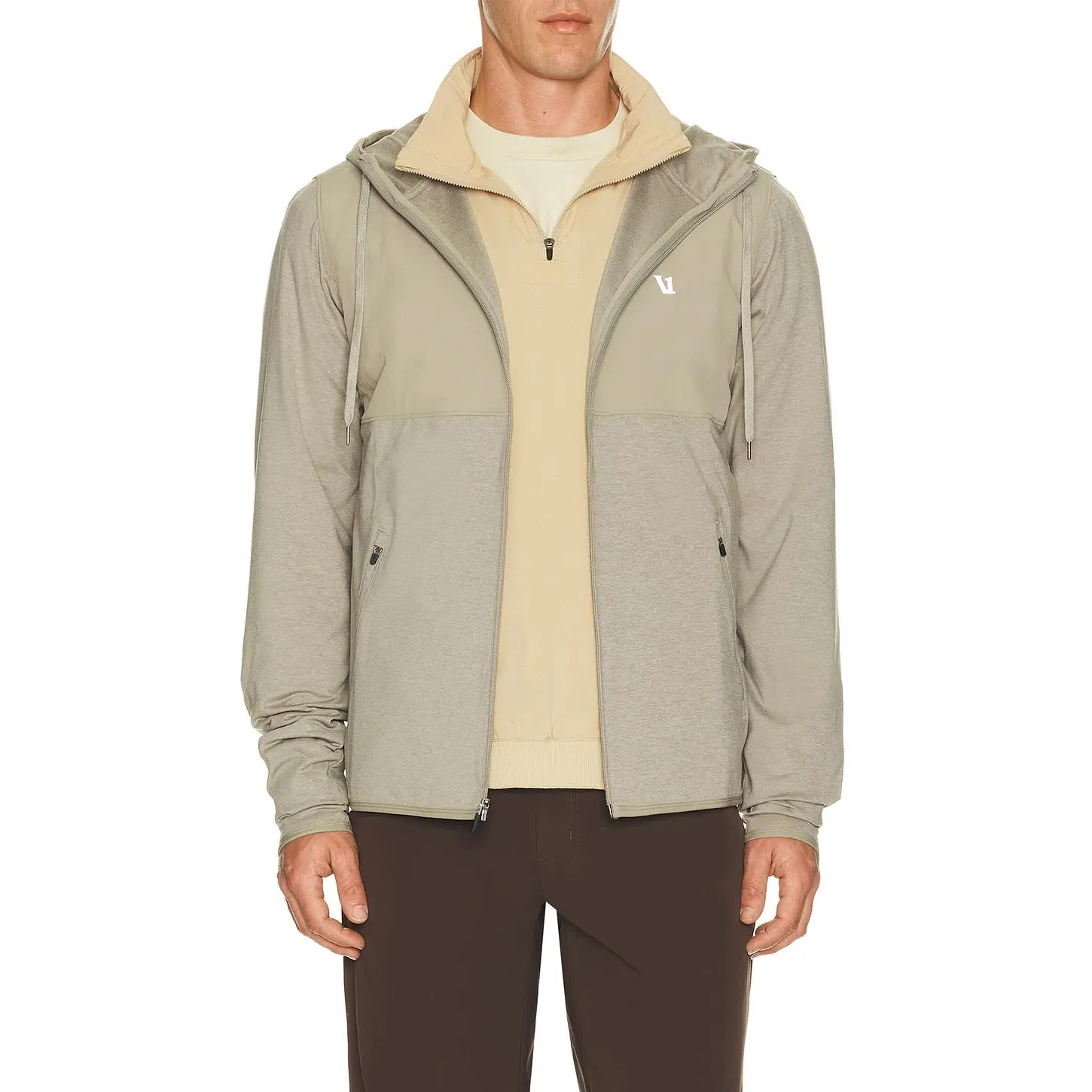 Mens Vuori Sunday Element Jacket - Biscotti Heather, Menswear Coats, Jersey Fabric, Functional Pockets