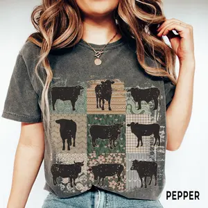 Comfort Colors Boho Cow Shirt, Retro Farmhouse Floral Cow Tee, Cottagecore Aesthetic Clothing, Cow Lover Shirt Gift for Her Fabric Top