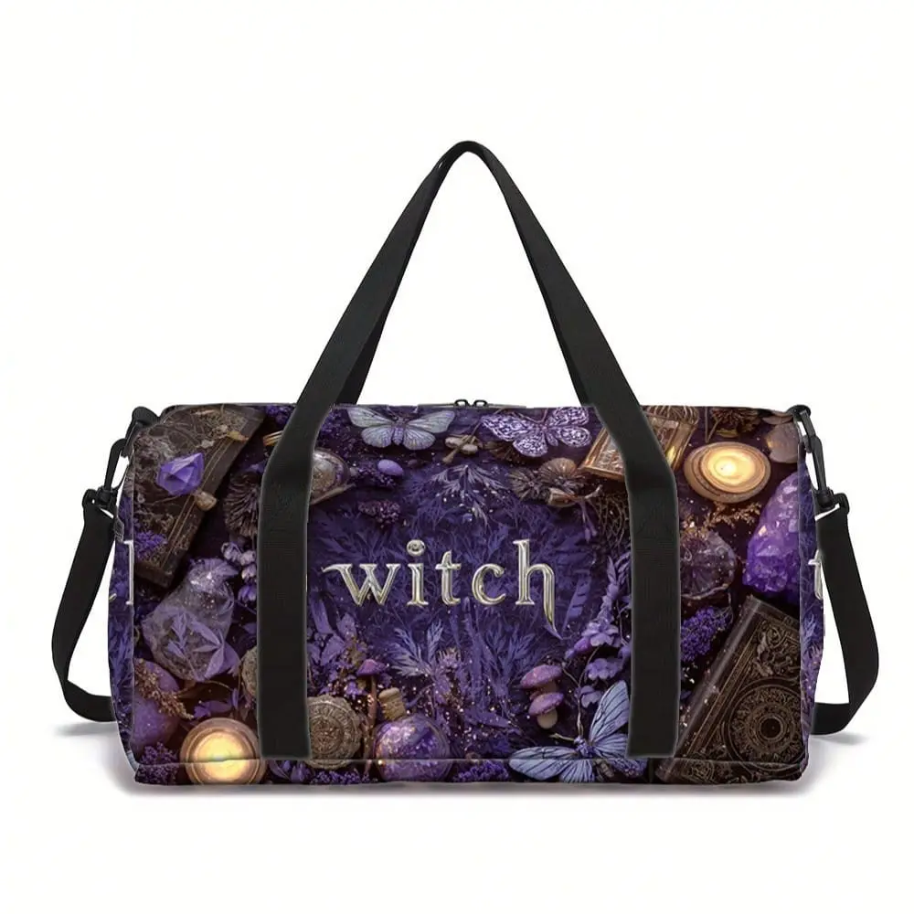 Halloween Witch Butterfly Purple Magic Print Small Travel Duffel Bag Yoga Gym Outdoor Sports Casual Polyester Machine Washable Unisex Gift for Short Trips Fitness Hiking
