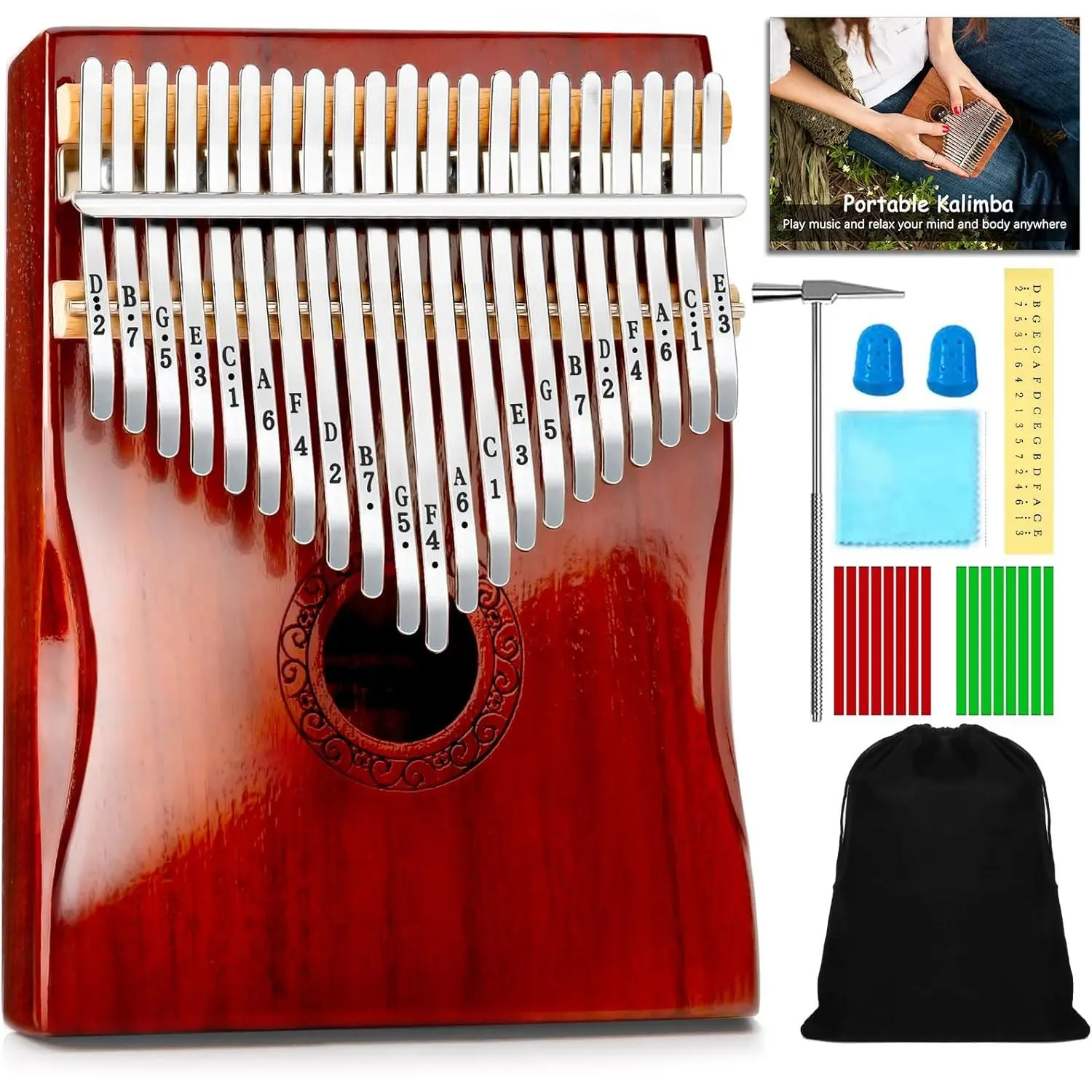 Kalimba Thumb Piano, Portable 21  Mbira Finger Piano with Tune Hammer and Study Instruction,Musical Instruments  for Adult Beginners Professional(Brownish Red) (21 )