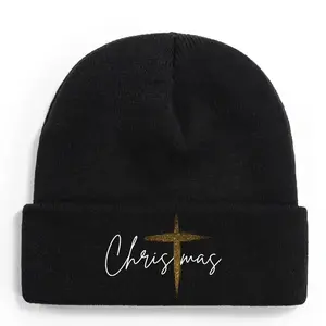 S&T Men's and Women's Soft and Warm 100% Acrylic Knitted Winter Hat with Elastic Band - Black and Gold Glitter Christmas Cross Pattern Brimless Hat, Unisex Winter Hat, Suitable for Church, Holiday Parties and Casual Outfits, Casual and Formal Occasions, F