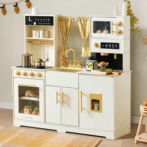 Play Kitchen for Kids, Toy Kitchen Set with Plenty of Play Features, New Modern Kids Wooden Play Kitchen Designed in Trendy Home Style with Curtains, Gift for Ages 3+