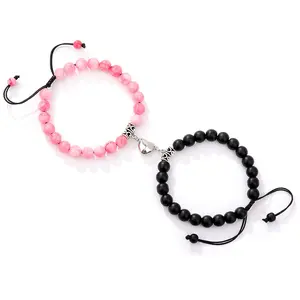 September Laurel Valentine's Day Couples Bracelets Matching Couple Things White Pine Black Matte Beaded Heart Magnet Hand Chains for Lovers matching bracelets woman couple fit daily wear gifts for women