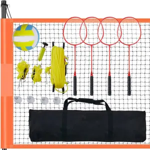 3x32FT Volleyball & Badminton Combo Set, 4-Height Adjustable Steel Pole Portable Net System, Wear-Resistant PE Net with Thick Cloth Edging, Complete Sports Kit with PVC Volleyball Pump Rackets Shuttlecocks for Beach Lawn Backyard