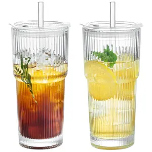 20oz Ribbed Glass Tumblers with Lids & Straws, 1/2/4/8-Pcs Glassware Set, Thickened Glass, Water Glass Cup, Ideal for Iced Coffee, Juice,Cocktails & More – Elegant and Durable Drinkware