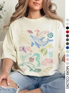 Women's Marine Life Print Round Neck Tee, Casual Short Sleeve Breathable Lightweight Beach T-shirt for Daily Wear, Ladies Sleepwear for Summer, Casual Fashionable Top