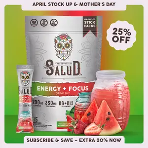 Salud 2-in-1 [Energy + Focus – Fresandía | Strawberry Watermelon] Clean Energy Drink Mix, Agua Fresca, Organic Caffeine, B6 & B12, L-Theanine, Drink Packets, Non-GMO, Gluten Free, Vegan, Low Calorie, 1g Sugar (15 Servings)