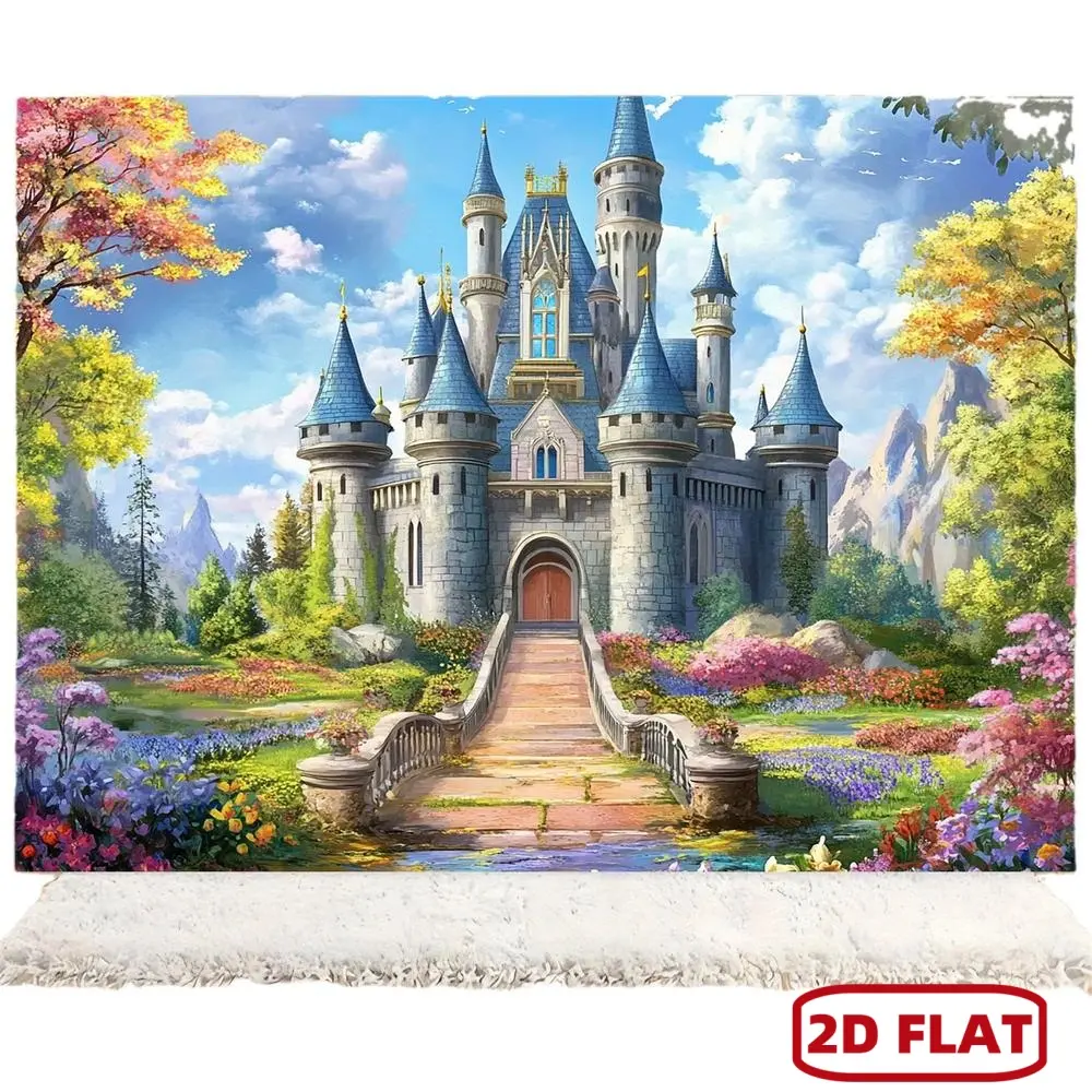 1pc 2D Flat Fairytale Castle Backdrop Banner, 39×59in-70.8×90in, Magical Castle in Blooming Meadow Design, Holiday Party Textile Decor Supplies