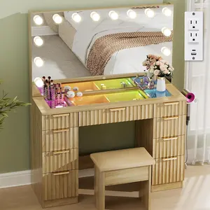 VOWNER Vanity with Mirror and Lights, 43" Makeup Vanity Desk with LED Light, Glass Top Vanity with RGB Drawers, 3 Color Lighting Modes Adjustable Brightness, Makeup Table for Bedroom