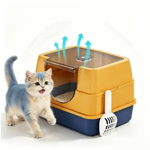 Fully Enclosed Flip Entry Cat Litter Box, Splash-Proof Odor-Locking Large Cat Litter Pan with Free Litter Scoop & Mat, Spacious Indoor Cat Toilet for Large Breeds & Multi-Cat Households -- cats
