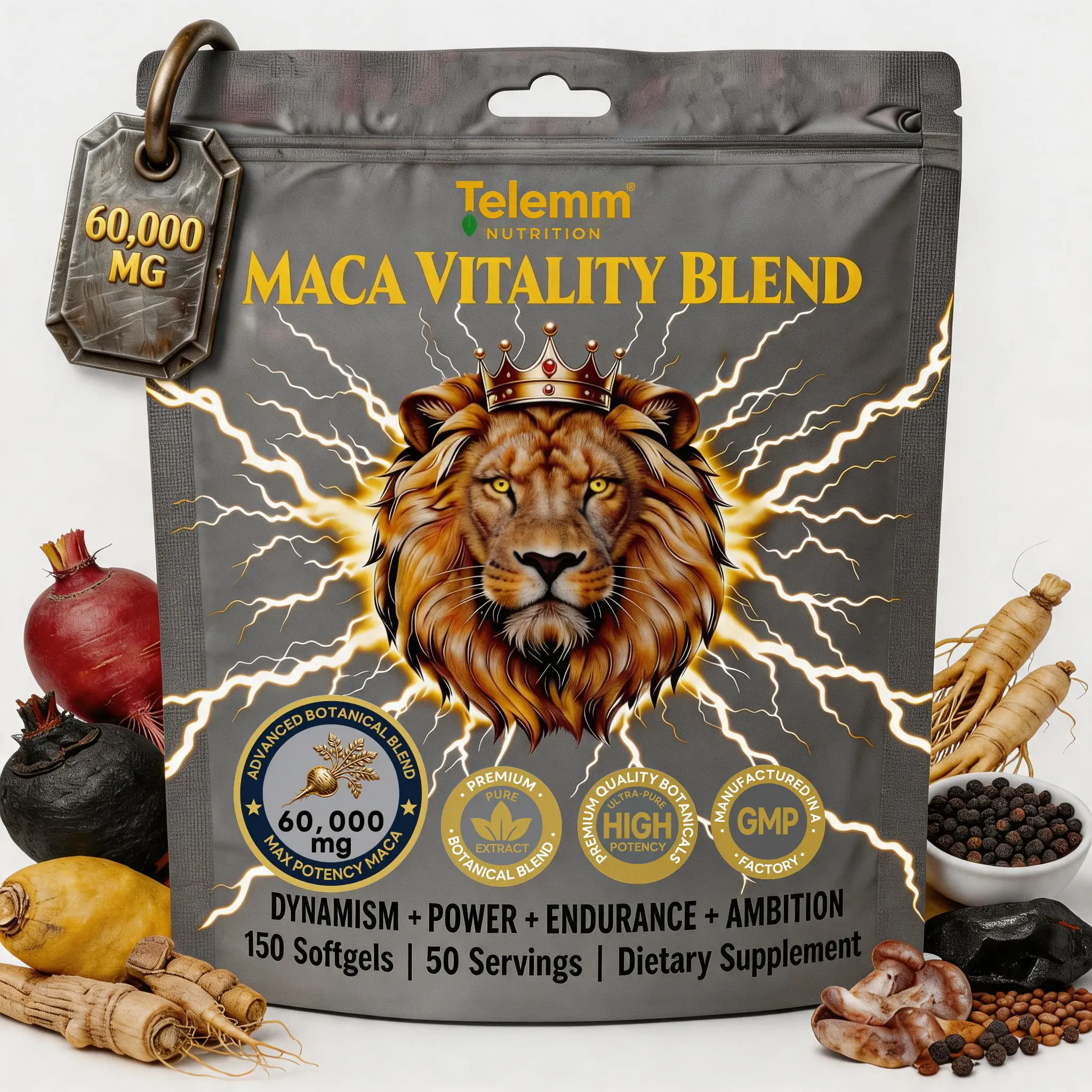 Telemm High Potency Triple Maca Adaptogen Softgels | 8-in-1 Natural Herbal Supplement with Shilajit, Ashwagandha & Panax Ginseng | Plant Wellness Support for Steady Energy & Focus, 150 Count 50 Day Supply