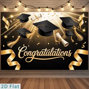 2D Flat Banner, 1pc Banner for Graduation Featuring Black And Golden Colors, a Graduation Cap, Diploma, Ribbon, And Confetti. It'S Made of Polyester And Is Suitable for Decorating Parties in Various Settings Lik Graduation Party Decorations