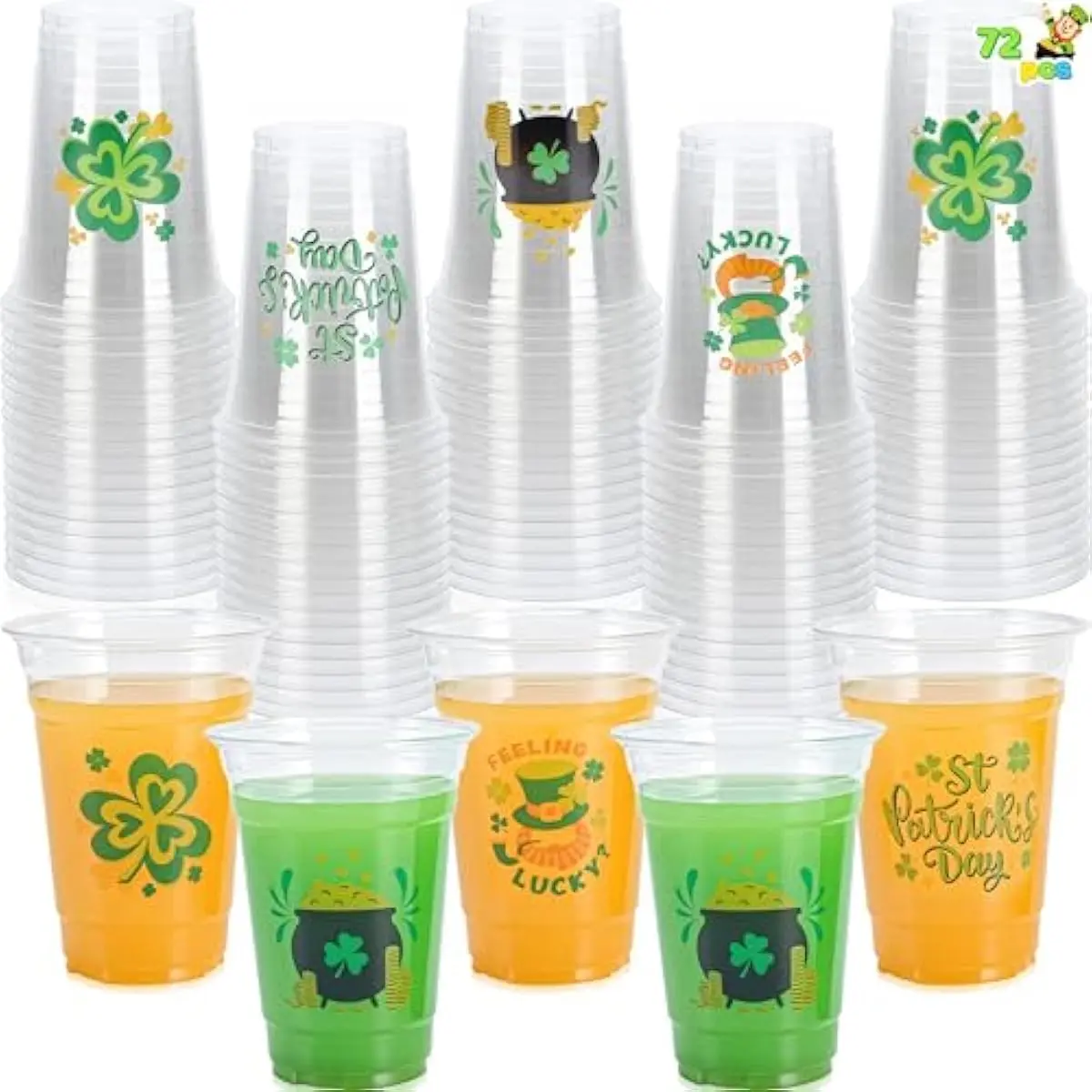 72 Pcs 16oz St. Patrick's Day Plastic Cups, Green Disposable Cups Bulk with 4 Styled Lucky Clover Cauldron Patterns for Saint Patrick Party Supplies, Irish Lucky Day Shamrock Party Decoration