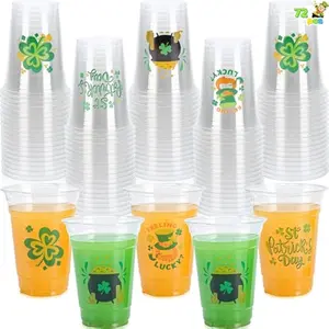 72 Pcs 16oz St. Patrick's Day Plastic Cups, Green Disposable Cups Bulk with 4 Styled Lucky Clover Cauldron Patterns for Saint Patrick Party Supplies, Irish Lucky Day Shamrock Party Decoration