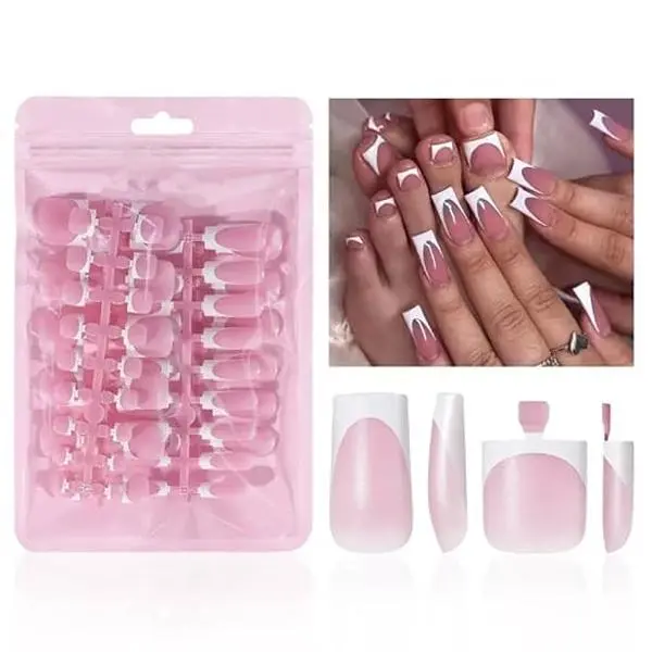 60Pcs White French Tip Press on Nails & Press on Toenails Set, Square Press on Nails Medium Fake Nails French False Toenails Full Cover Stick on Nails for Women Manicure Kit Pink