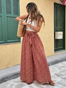 Women's Vintage Base Floral High Waist Wide Leg Pants, Summer Tie-Waist Loose Flowing Skirt Pants, French Style Chic Casual Long Trousers