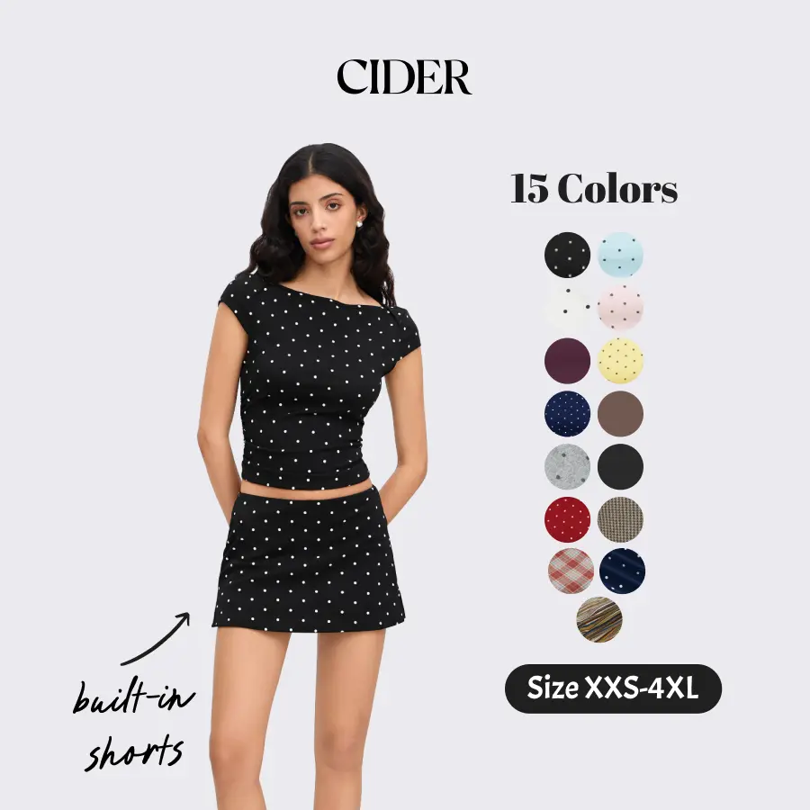 Cider 2-Piece Set Boat Neck Polka Dot Ruched Tee & Micro Mini Skort with Built-in Shorts Fashion Style Women's Summer Sets SohoChic