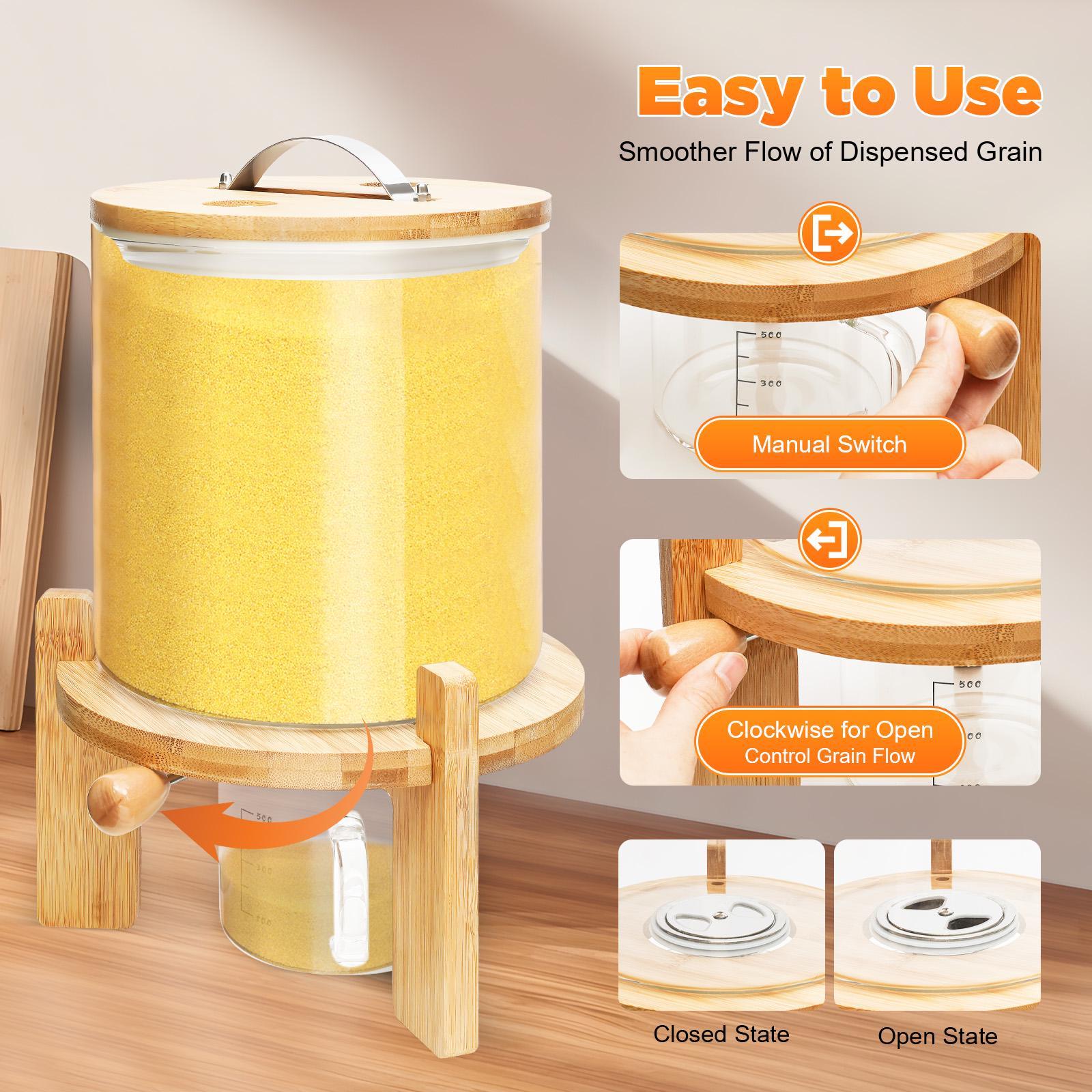 5L Cereal Dispenser Flour Rice Storage Container Glass Tank W/ Lid Measuring Mug For Pantry Organization And Storage